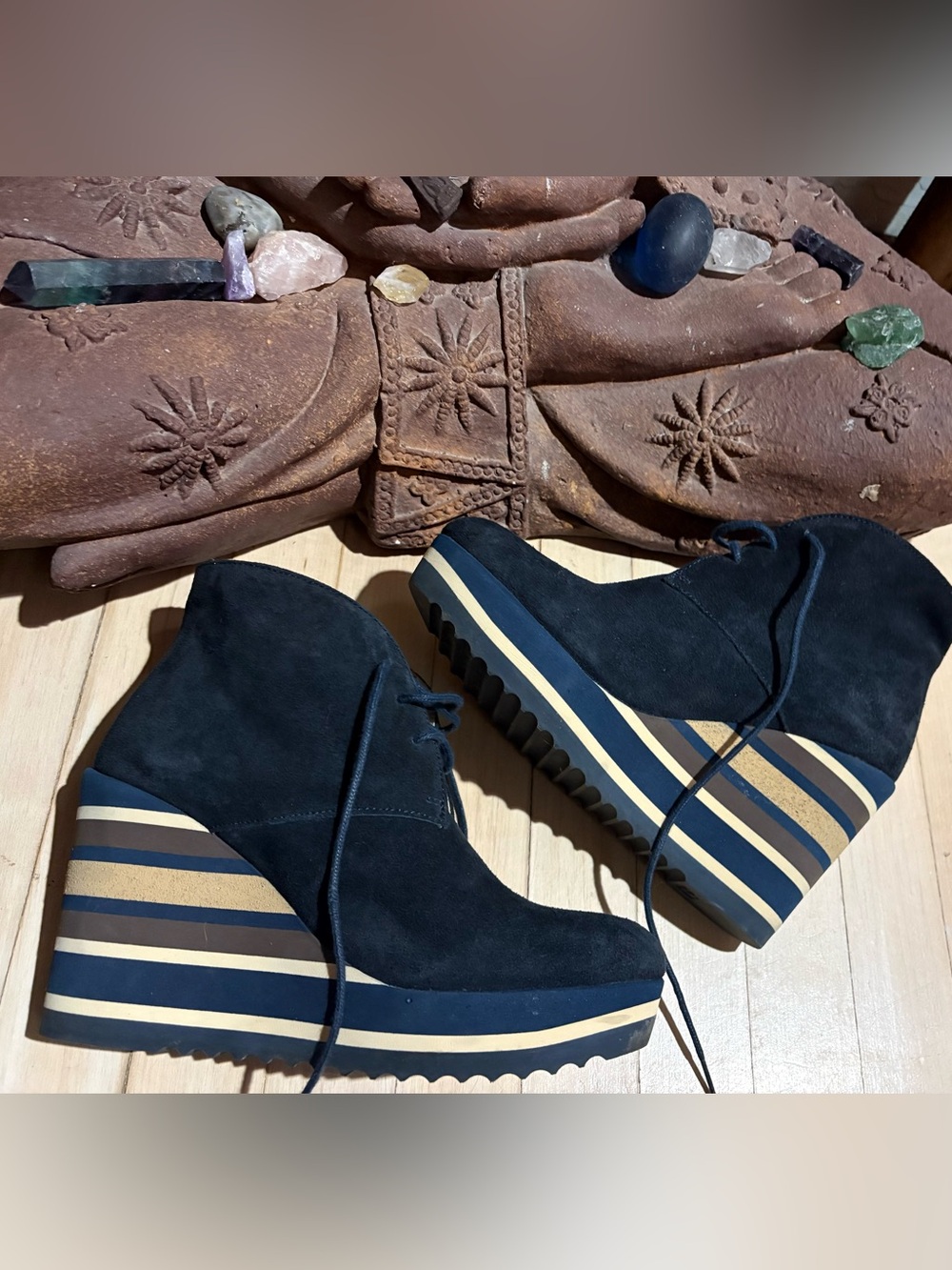 Vintage Paloma Barcelo Wedge Ankle Booties in Navy Suede NWT Size 7